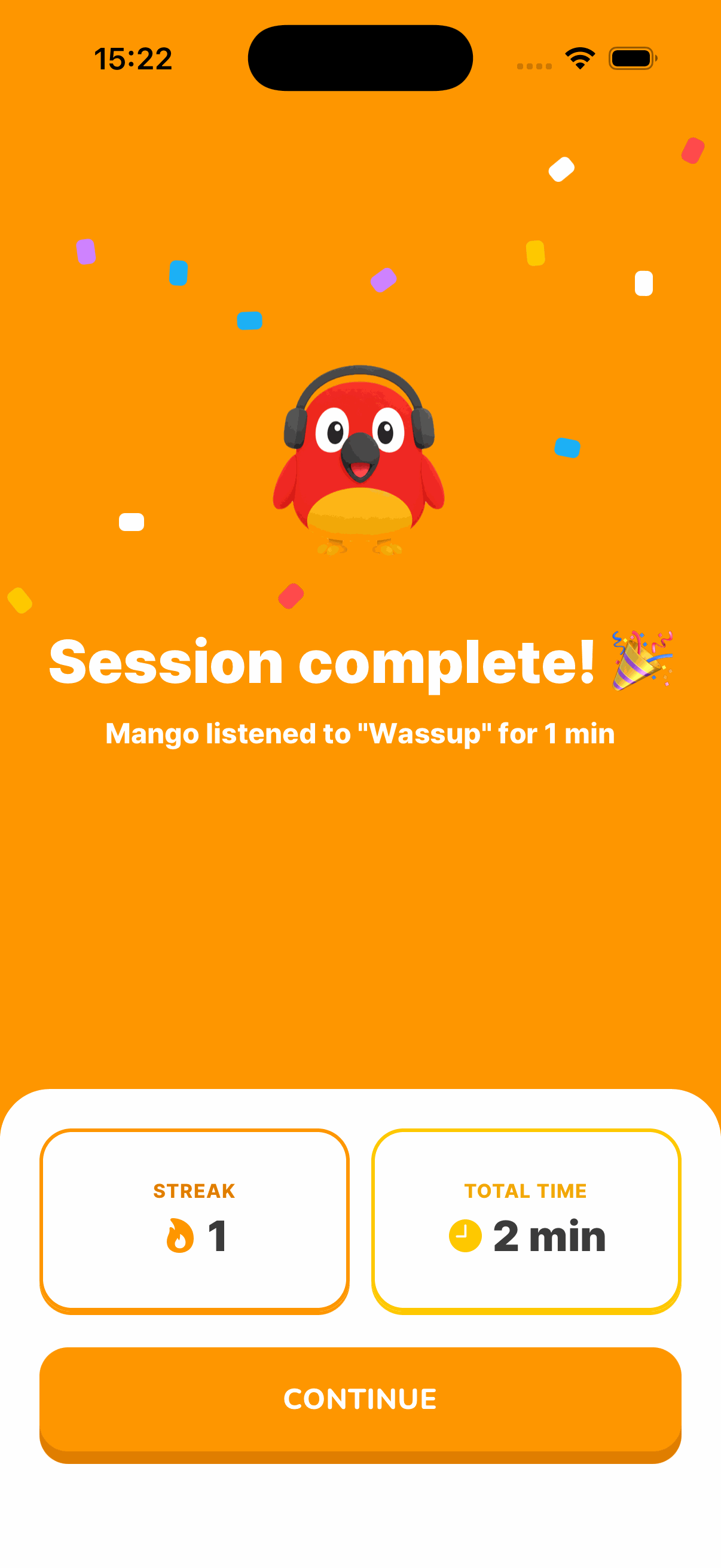 Report screen showing the streak and total training time after a session