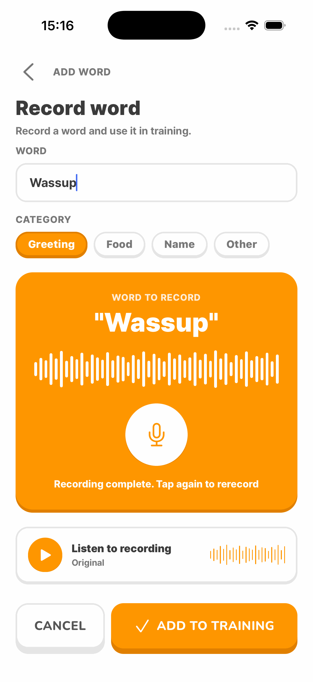 Screen for recording a word to teach
