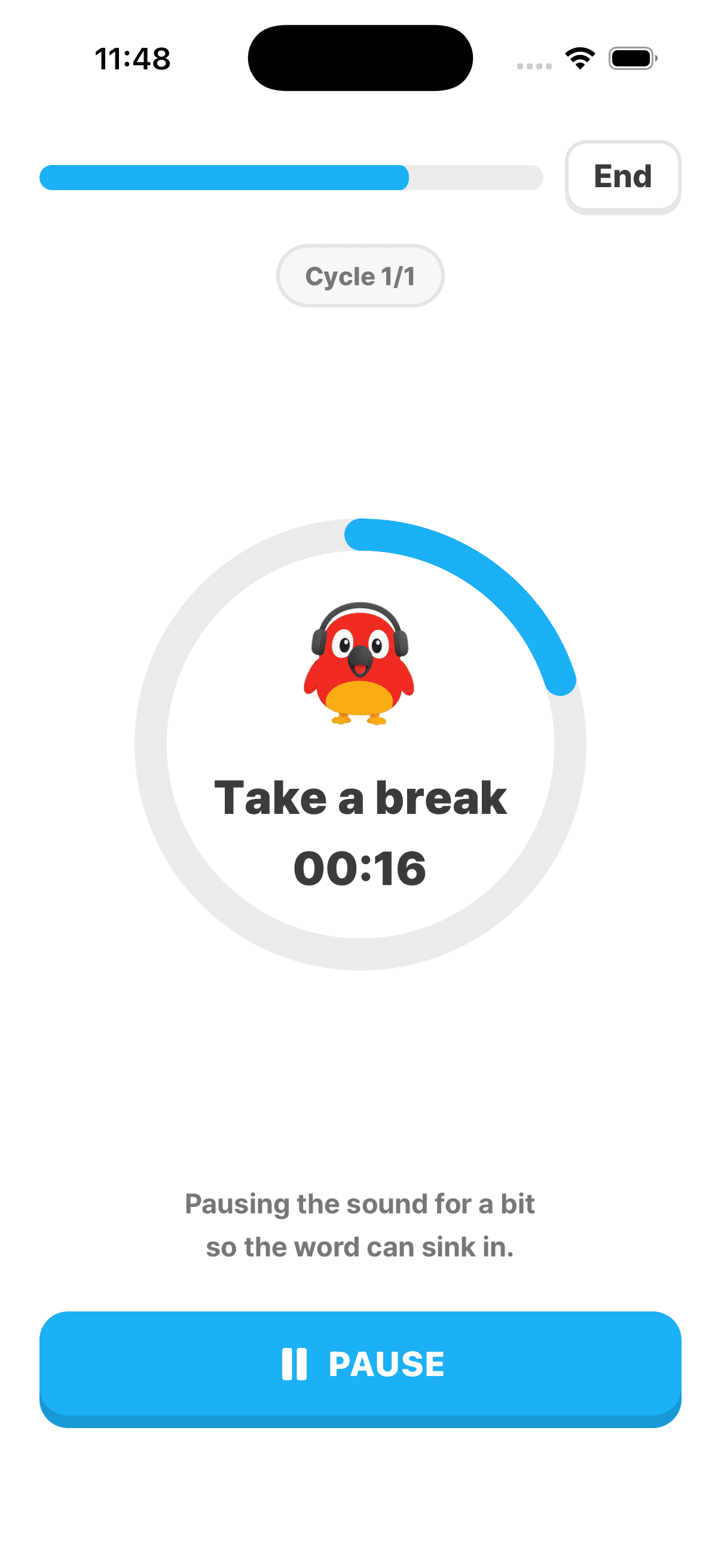 Training screen where AI repeats a word while you're away