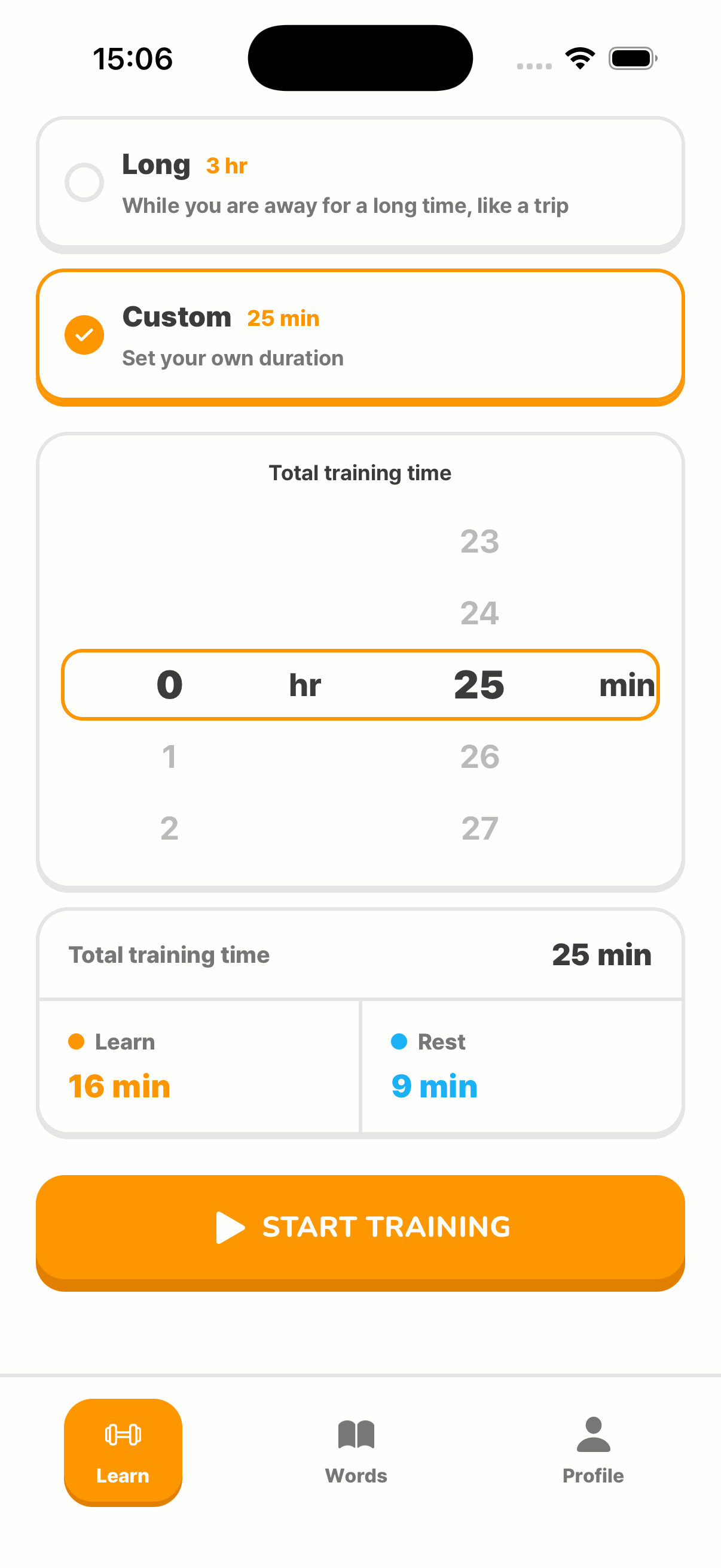 Screen for setting your own training time