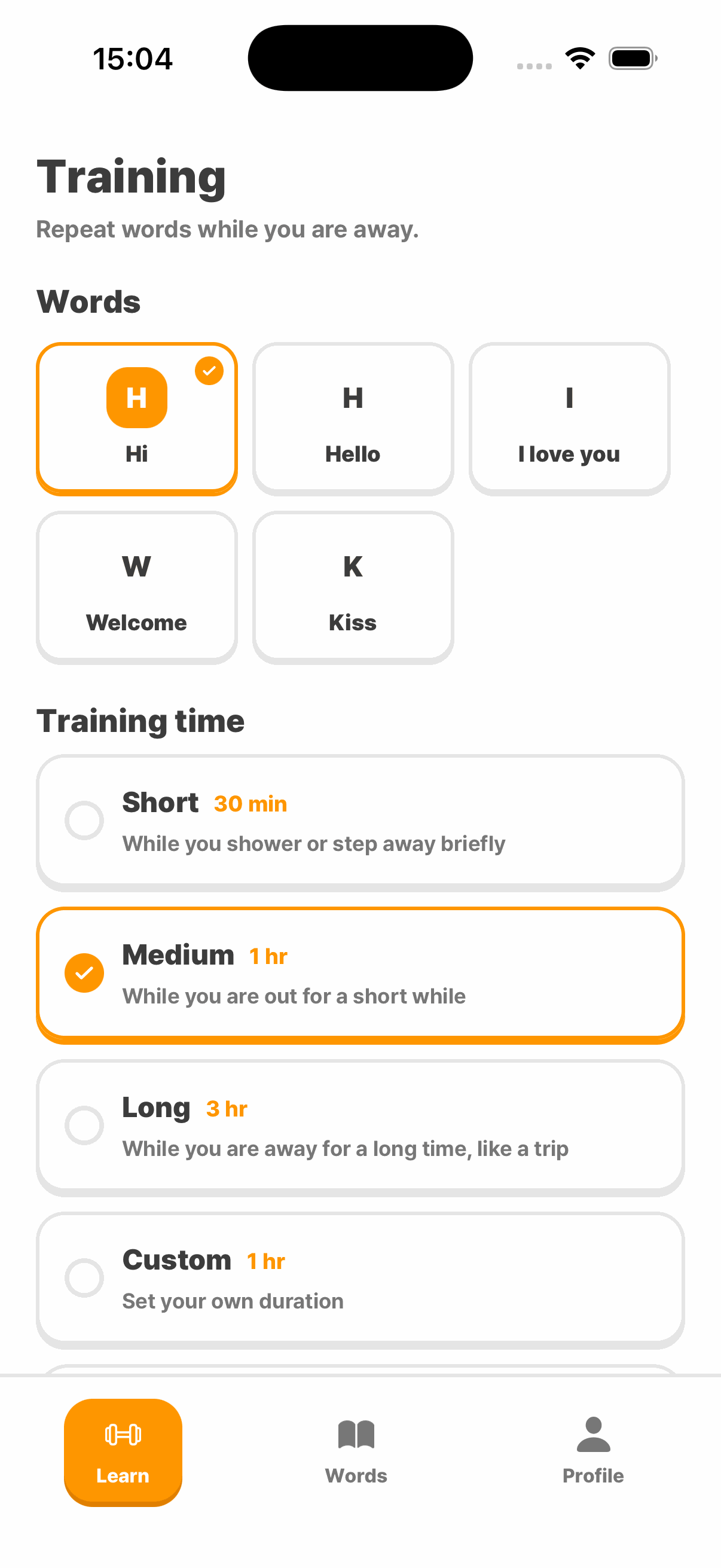 Screen for choosing words to teach and the training time