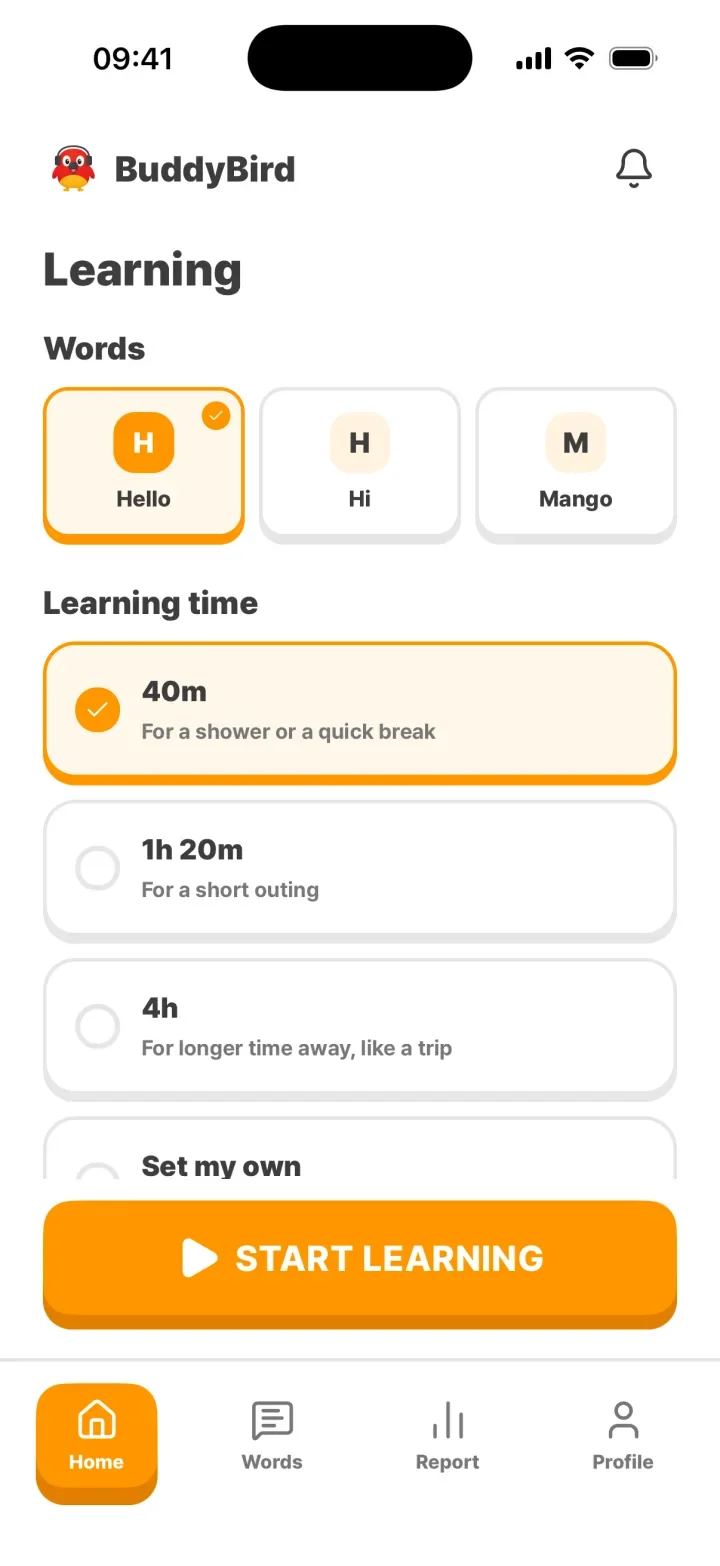 Home screen: word picker and learning time