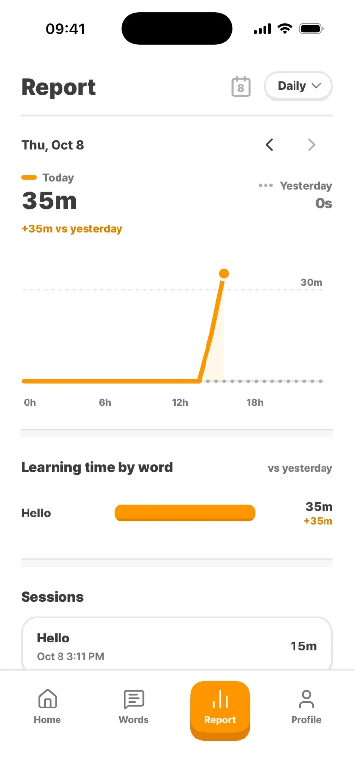 Report screen: today’s learning time and session list