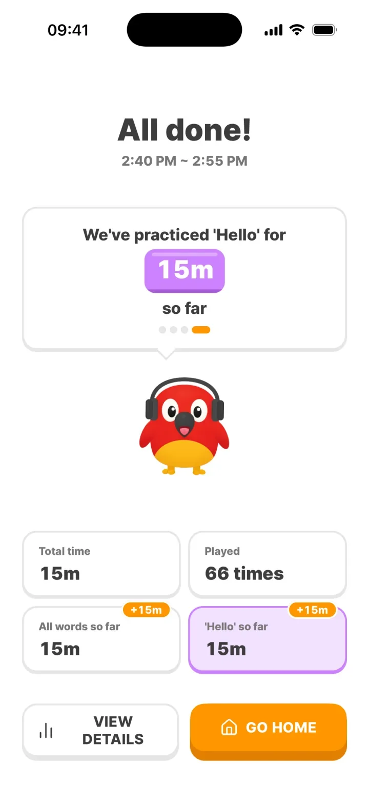 Session complete screen: time learned and words played