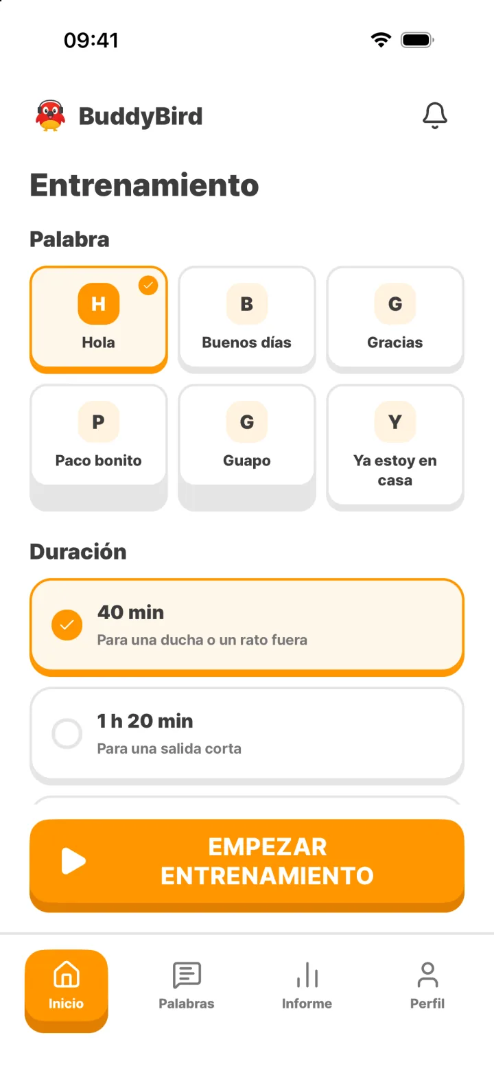 Pantalla de inicio: elección de palabras y duración del entrenamiento