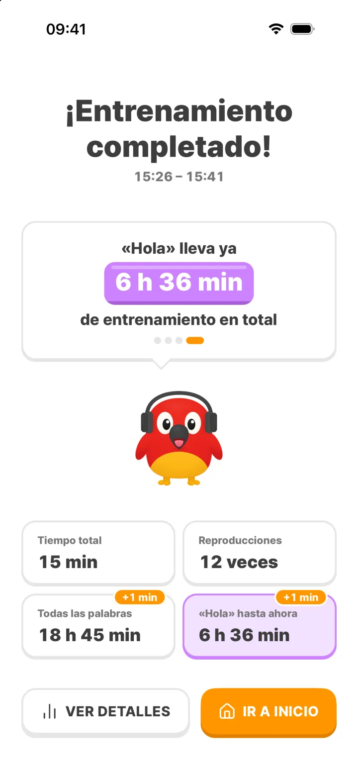 Pantalla de entrenamiento completado: tiempo de entrenamiento y reproducciones de la palabra