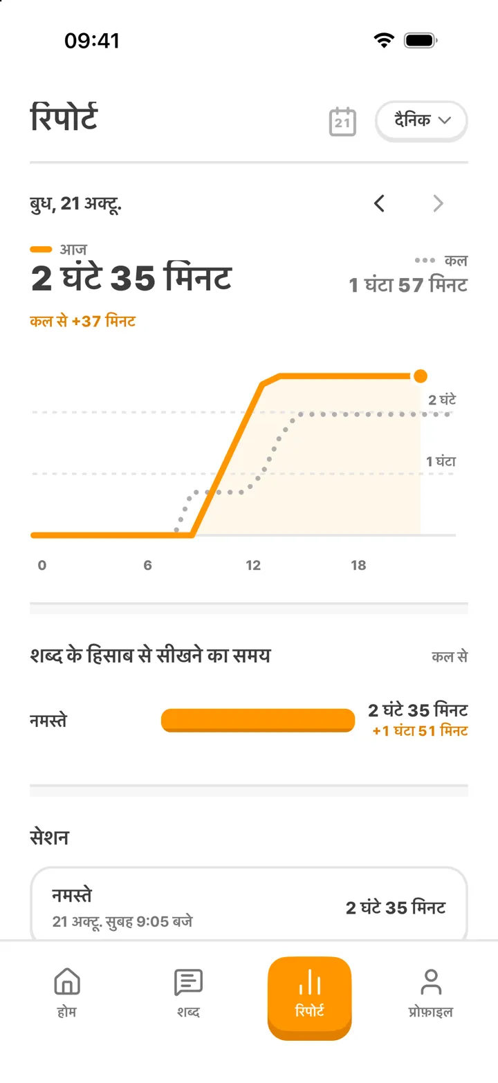 रिपोर्ट स्क्रीन: आज का सीखने का समय और सेशन सूची