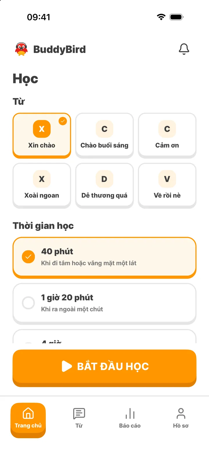 Màn hình chính: chọn từ và thời lượng học