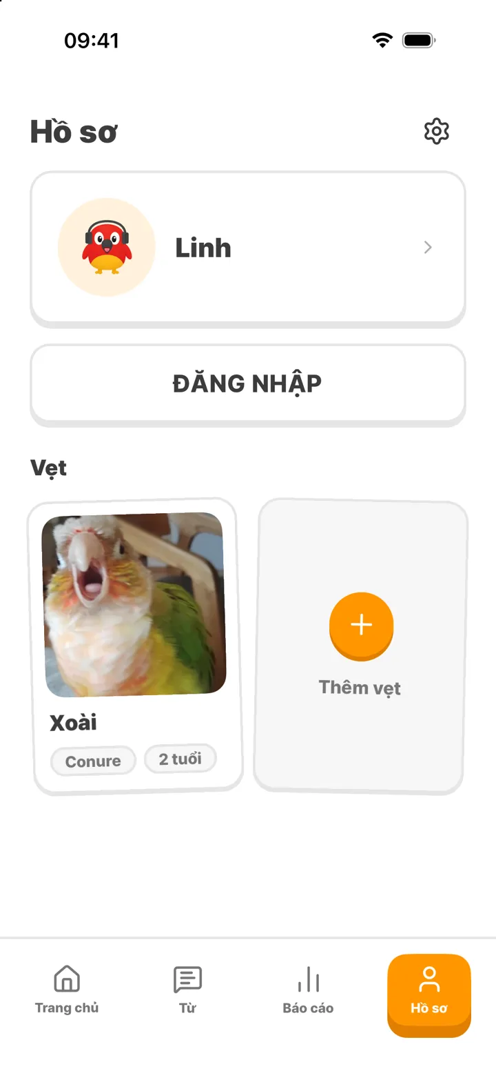 Màn hình hồ sơ: chú vẹt Xoài