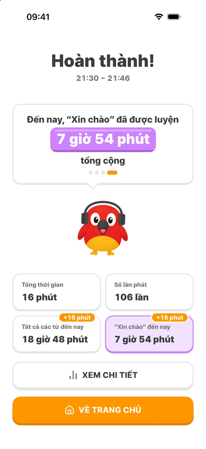 Màn hình hoàn thành buổi học: thời gian học và số lần phát từ